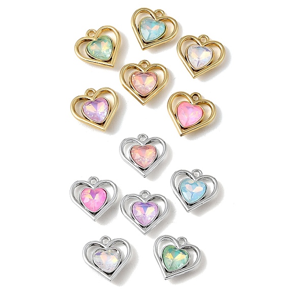UV Plating Alloy Glass Pendants, Heart in Heart Charm, Faceted, Mixed Color
