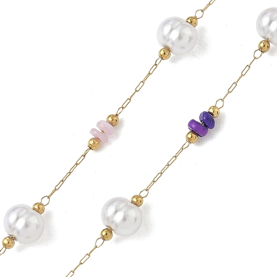 304 кабельные цепи из нержавеющей стали, цветок, с ракушечным жемчугом и искусственным жемчугом из АБС-пластика, ионное покрытие (ip), реальный 18 k позолоченный, пайки, с катушкой