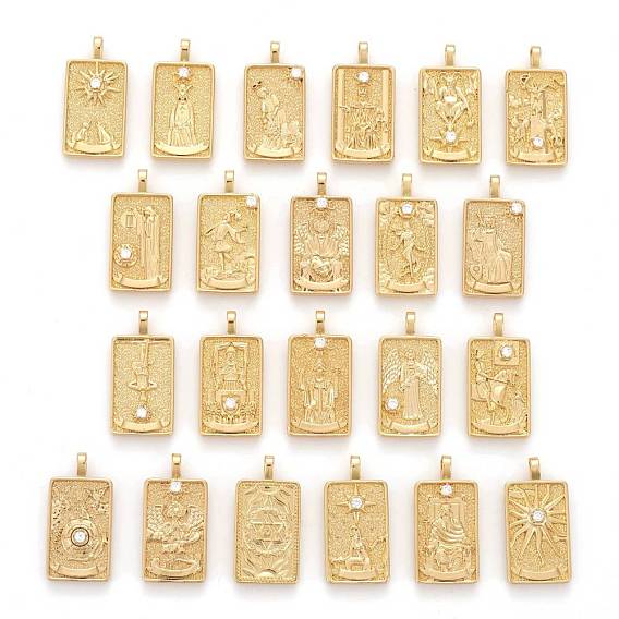 Brass Micro Pave Clear Cubic Zirconia Pendants, Real 18K Gold Plated, Long-Lasting Plated, Tarot Card Charms