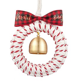 Christmas Wreath Wood & Cotton Threads Pendant Decorations, with Brass Bell, for Christmas Tree Hanging Ornaments