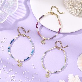 Bracelets en laiton à breloques en zircon cubique transparent micro pavé, Bracelets pour femmes, composés de perles rondes à facettes en pierre naturelle mélangée aux couleurs dégradées et ornées de perles naturelles., or, formes mixtes