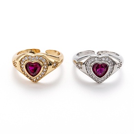 Brass Micro Pave Cubic Zirconia Cuff Rings, Open Rings, Long-Lasting Plated, Heart, Fuchsia
