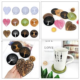 Flat Round/Heart with Tree of Life DIY Silicone Cup Mat Molds, Resin Casting Molds, for UV Resin & Epoxy Resin Craft Making