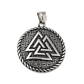 304 Stainless Steel Manual Polishing Pendants, Flat Round with Valknut Pattern Charms