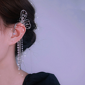 Pearl Water Diamond Butterfly Tassel Earrings - Elf Ear Jewelry, No Piercing, Ear Clip.