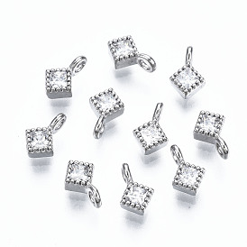 925 Sterling Silver Cubic Zirconia Charms, Nickel Free, Real Platinum Plated, Rhombus