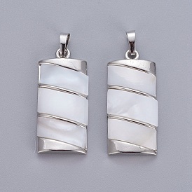Natural White Shell Mother of Pearl Shell Pendants, with Platinum Tone Brass Findings, Rectangle