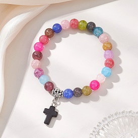 Браслеты с подвесками-крестиками из синтетической бирюзы, стеклянные круглые бусины эластичные браслеты для женщин
