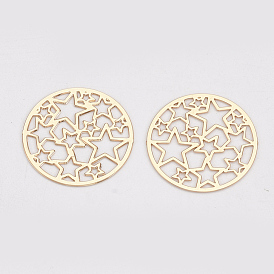 Brass Filigree Joiners Links, Etched Metal Embellishments, Long-Lasting Plated, Flat Round with Star