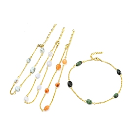Pépites de pierres précieuses naturelles mélangées bracelet de cheville en perles avec placage sous vide 304 chaînes en acier inoxydable