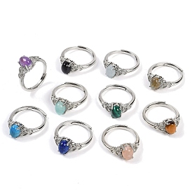 Oval Natural Mixed Stone Adjustable Rings, Platinum Tone Brass Ring for Women, Long-Lasting Plated, Lead Free & Cadmium Free