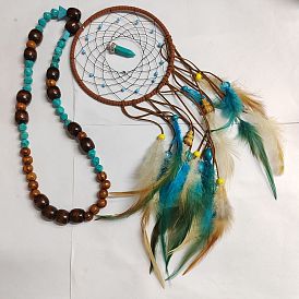 Red de turquesa sintética con collar con colgante de plumas para mujer, collar de cadenas de cuentas de madera y turquesa natural