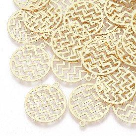 Brass Filigree Pendants, Hollow, Real 18K Gold Plated, Flat Round