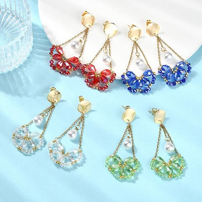 Electroplate Glass Dangle Earrings for Women, Teardrop, 304 Stainless Steel Cable, Brass Stud Earrings, Real 18K Gold Plated