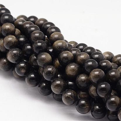 Natural Golden Sheen Obsidian Beads Strands, Round, 8mm, Hole: 1mm, about 50pcs/strand, 15.75 inch