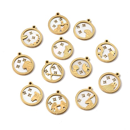 12 Constellations 304 Stainless Steel & Natural Shell & Rhinestone Pendants, Ion Plating(IP), Long-Lasting Plated