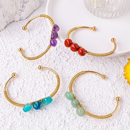 Браслет-манжета из натуральных и синтетических камней, открытый браслет из золотой проволоки