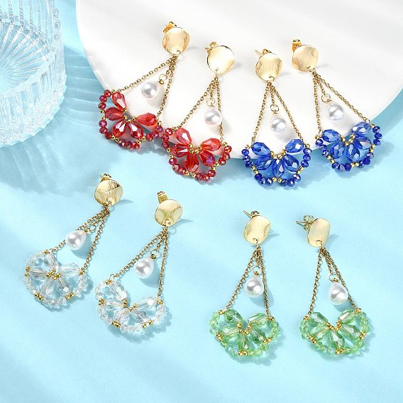 Electroplate Glass Dangle Earrings for Women, Teardrop, 304 Stainless Steel Cable, Brass Stud Earrings, Real 18K Gold Plated