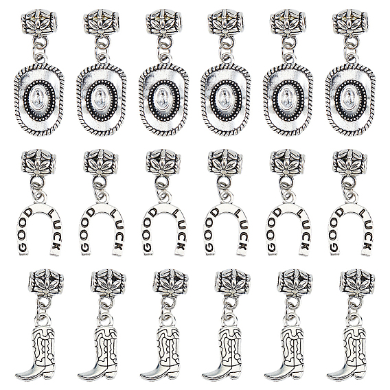18Pcs 3 Styles Alloy European Dangle Charms, West Cowboy Hat/Boot/U Shape with Word Good Luck