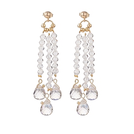 Clear Glass Teardrop Tassel Chandelier Earrings, Brass Long Drop Earrings for Women