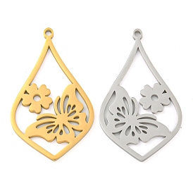 304 Stainless Steel Pendants, Laser Cut, Teardrop with Butterfly & Flower Charm