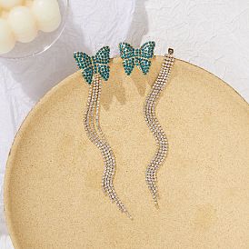 Heavy-duty micro-set diamond long tassel earrings two-wear butterfly earrings