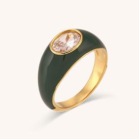 Stylish Vintage Elliptical Zirconia Oil Drop Ring - 18K Gold Plated Stainless Steel Jewelry