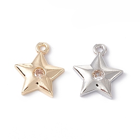 Rack Plating Brass Micro Pave Clear Cubic Zirconia Charms, Long-Lasting Plated, Cadmium Free & Lead Free, Star Charms