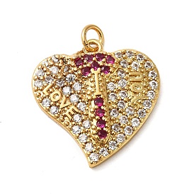 Rack Plating Brass Micro Pave Cubic Zirconia Pendants, with Jump Ring, Long-Lasting Plated, Lead Free & Cadmium Free, Valentine Heart, I LOVE YOU Charm
