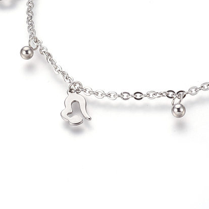 304 Stainless Steel Charm Anklets, Heart and Round
