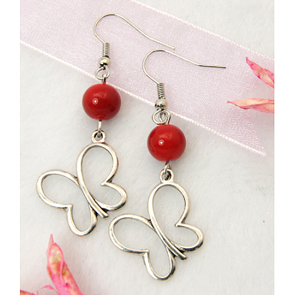 Болтаться серьги бабочки, кулоны тибетского стиля, стеклянные бусы и серьги крюк латуни, 53 мм