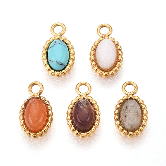 Каменные овальные подвески, с 304 установками из нержавеющей стали, реальный 14 k позолоченный, синтетическая бирюза и натуральный белый нефрит и топаз нефрит и аметист и лабрадорит, ионное покрытие (ip)