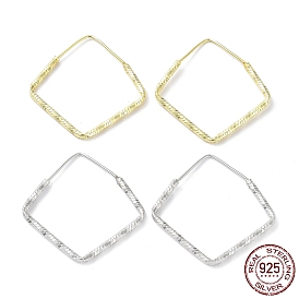925 Sterling Silver Textured Rhombus Hoop Earrings