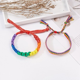 Rainbow Pride Flag Polyester Woven Braided Cord Bracelet, Adjustable Bracelets