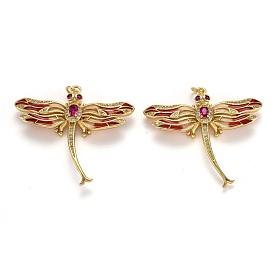 Autumn Theme Brass Micro Pave Cubic Zirconia Pendants, with Enamel and Jump Rings, Long-Lasting Plated, Dragonfly