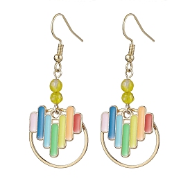 Heart Alloy Enamel & Brass Ring Dangle Earrings for Women, with Natural Agate Beads, Colorful