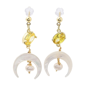 Natural Pearl & Shell Dangle Stud Earrings, with Brass Glass Findings and 925 Sterling Silver Pins, Moon