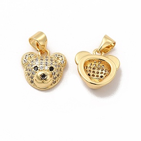 Rack Plating Brass Micro Pave Cubic Zirconia Charms, Cadmium Free & Lead Free, Real 18K Gold Plated, Long-Lasting Plated, Bear Head Charm