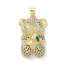 Rack Plating Brass Micro Pave Cubic Zirconia Pendants, with Enamel, Lead Free & Cadmium Free, Panda with Bamboo Charm