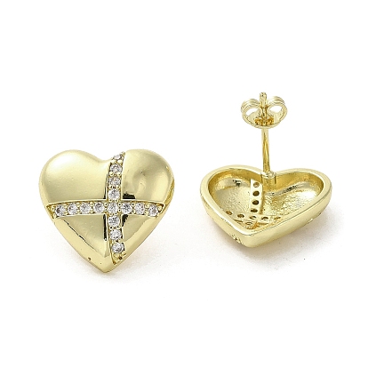 Brass Micro Pave Cubic Zirconia Stud Earrings, Heart with Cross, Lead Free & Cadmium Free, Long-Lasting Plated