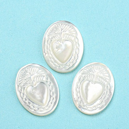 Natural Sea Shell Cabochons, Oval with Engraved Heart