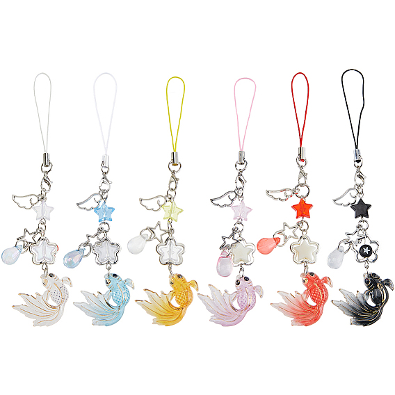 6шт. 6 цвета ремешки для мобильных телефонов из акрилового сплава в форме рыбы, украшение мобильных аксессуаров, старинное серебро и платина