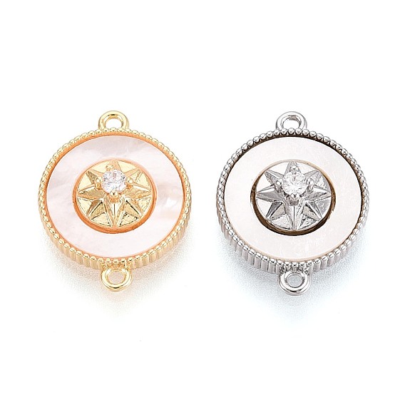 Подвески-коннекторы из латуни с микропаве, прозрачными кубическими циркониями и ракушками., плоский круглый с цветочными звеньями, белые