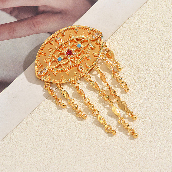 Vintage Brass Micro Pave Cubic Zirconia Filigree Evil Eye Dangle Brooches, Leaf Tassel Breast Pins