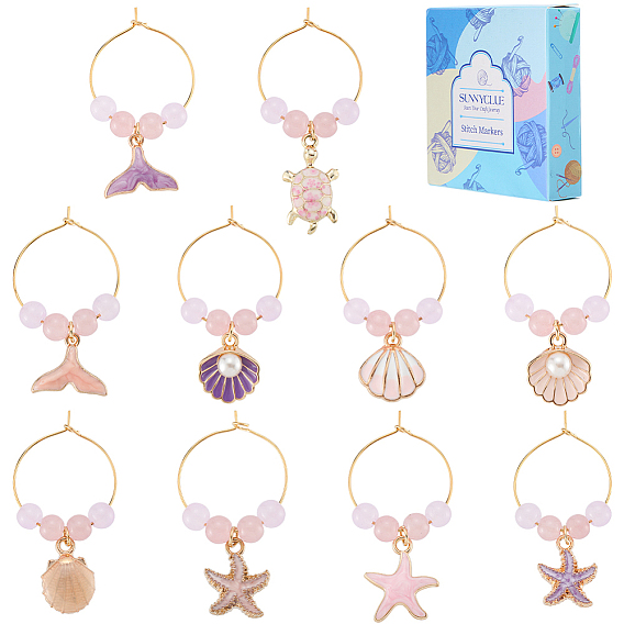 20 шт. 10 стили океанская тема сплав эмаль бокалы для вина подвески, со стеклянными бусинами и латунным кольцом-подвеской для бокала для вина