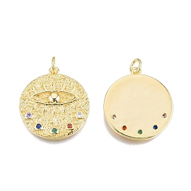 Brass Pave Cubic Zirconia Pendants, with Jump Rings, Nickel Free, Real 18K Gold Plated, Flat Round with Eye
