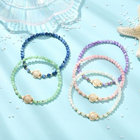 Женские эластичные браслеты из окрашенных натуральных пресноводных ракушек и синтетических бирюзовых бусин., круглый и черепаха, с гальваническим немагнитным синтетическим гематитом