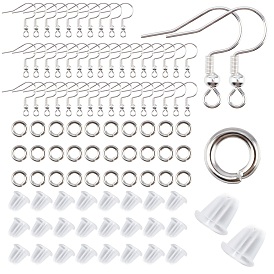 SUNNYCLUE 100Pcs 925 Sterling Silver Plated 304 Stainless Steel Earring Hooks, with 100Pcs Brass Jump Rings and Plastic Ear Nuts