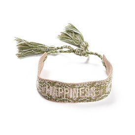 Word Happiness Polycotton(Polyester Cotton) Braided Bracelet with Tassel Charm, Flat Adjustable Wide Wristband for Couple