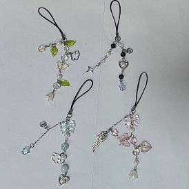 4 Correas para móvil de imitación de perlas de acrílico, vidrio, aleación y plástico ABS, Para adornos de cadena de teléfono